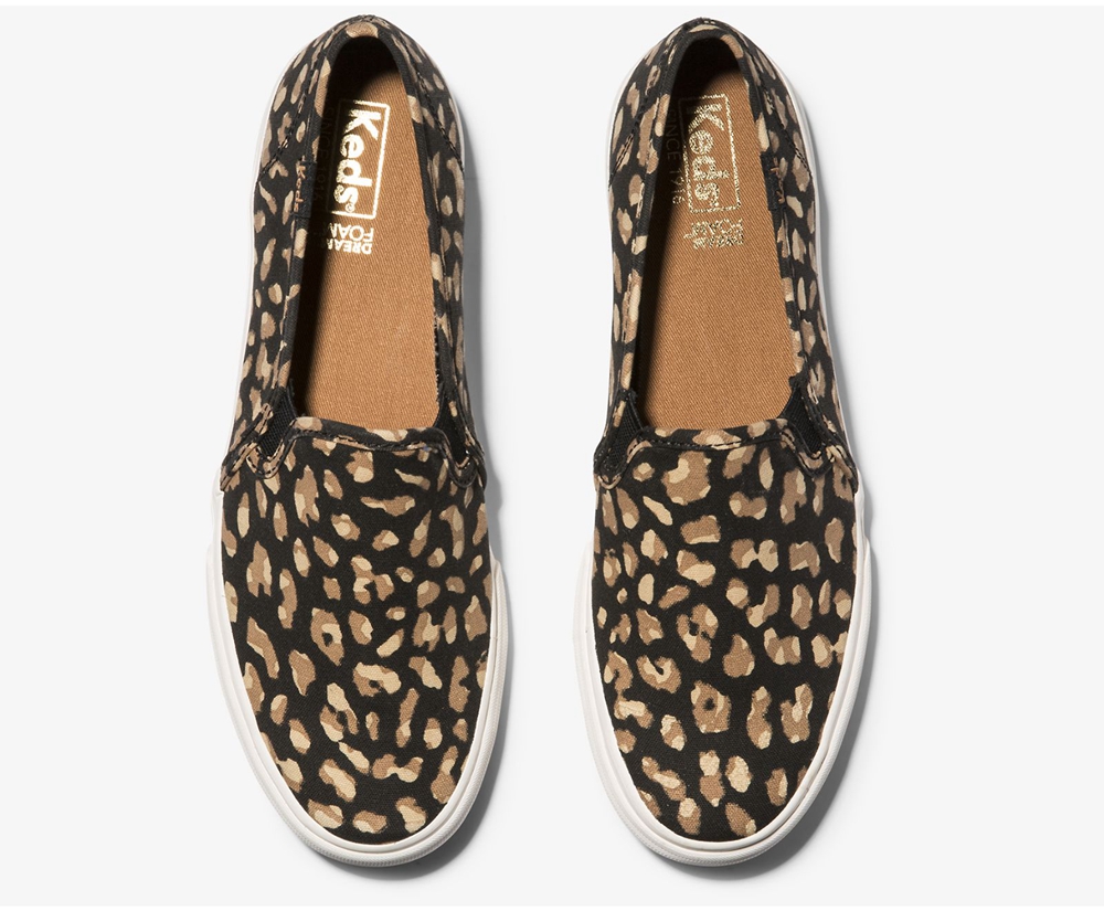 Womens Keds Slip Ons - Washable Double Decker Animal - Black/Leopard - 2035-GATBL